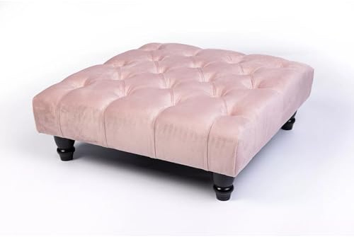 Kiswa collection Chesterfield Footstool - Plush Velvet Upholstered Pouffe with Wood Legs, Elegant Coffee Table Footrest, Matching Buttons, Stylish Home Decor (Pink, 25D x 60W x 60H cm)