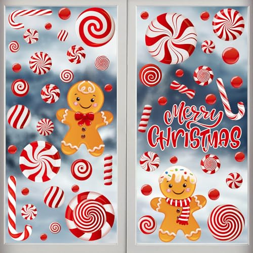Dayker Lot de 73 autocollants de fenêtre de Noël, autocollants de fenêtre « Merry Christmas » - Autocollants de fenêtre en forme de bonhomme en pain d'épices, décorations de Noël amovibles pour