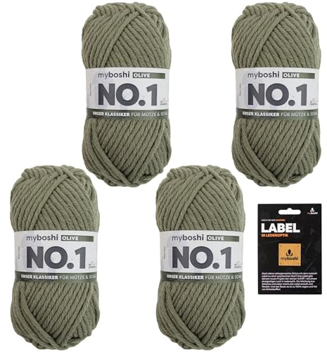 myboshi No.1 Wolle zum Häkeln und Stricken, Schnellstrickgarn, inkl. Label, Strickwolle, Häkelwolle, mulesing-frei, Ll. 55m /50g, 30% Wolle (Merinowolle) Grün (Olive) 4 Knäuel