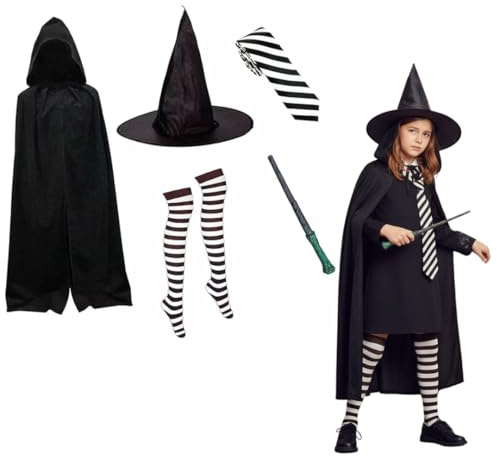 Mildred Hubble Witch Costume Set – 5-Piece Halloween Fancy Dress Outfit for Kids & Adults with Hat, Cape, Wand, Striped Tie & Stockings