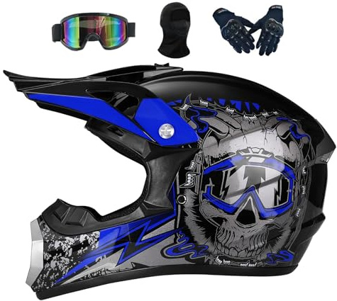 Casque Moto Cross Enfant, Motocross Cycliste pour Garçon Et Fille 6-15 Ans, Homme VTT Integral, Femme pour Enfants, Scooter De Ski(Blue,L(56-57CM))
