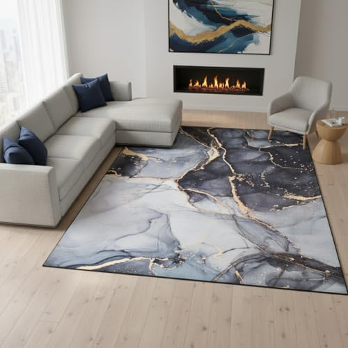 TAPISO Nora Teppich Wohnzimmer Schwarz Grau Marmoreffekt 80 x 150 cm | rutschfester pflegeleichter Teppich bedruckter KurzflorFür Schlafzimmer Esszimmer