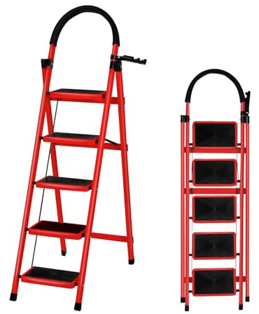 XUANYU Escalera Plegable de 5 Peldaños, Estructura de Acero, Plataformas Antideslizantes y Pasamanos, Escalera de Tijera para Hogar Oficina y Tareas Domésticas (Rojo, 5 peldaños)