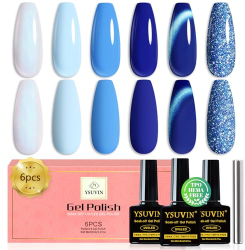 Yueshop Gel Nail Polish, 6 Colors Blue Collection Gel Polish Nail Art | HEMA FREE TPO FREE, White SkyBlue Navy Cat Eye Blue Glitter Gel Nail Varnish Soak off UV LED, Manicure Home DIY, 8ml