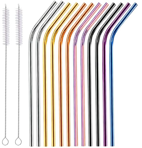 Bamily 12 Pcs Reusable Metal Straws, Curved Stainless Steel Straws with Cleaning Brushes, Eco-Friendly Drinking Straws for Smoothie, Cocktail, Hot Drinks