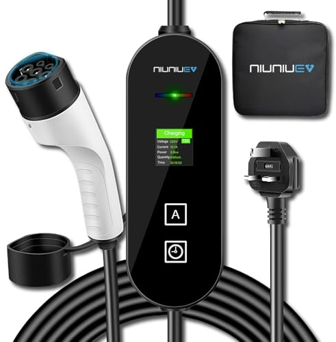 NIUNIUEV® EV Charger Cable Type 2 to 3 Pin Plug[3KW | 6A~13A],Portable Electric Car Charger UK 3-Pin EV Charger,Type 2 Charging EV Charger with LED Display,Timing function,For EVs and PHEV (8m)