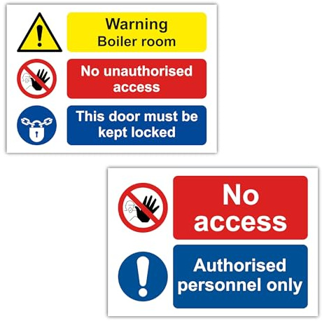 Set of 2 Boiler Room Safety Sign Labels (148 × 210 mm), Boiler Room, No Access – Authorised Personnel Only – Self Adhesive Polypropylene Stickers