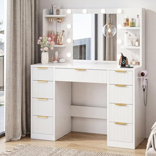 Devoko Moderner Schminktisch mit Beleuchtung & Steckdose – Großer Frisiertisch mit Spiegel, 9 Schubladen, Vanity Desk mit Haartrocknerhalterung, Make-up Tisch, Weiß
