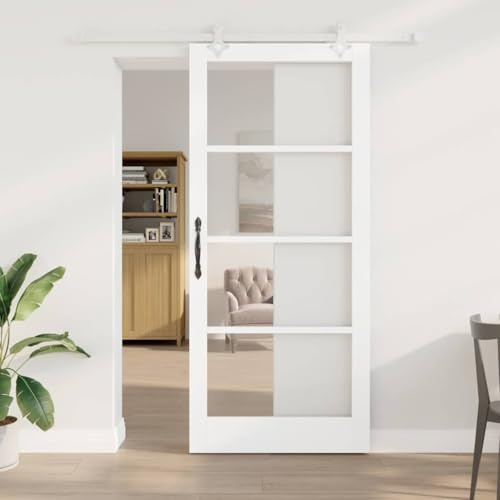 LoogCape Porta scorrevole bianca, 93 x 211 cm, in legno massello di pino e vetro, per interni, scorrevole silenziosa, soluzione salvaspazio per soggiorno, camera da letto, cucina e garage, guida da