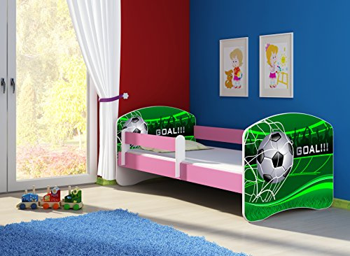 CLAMARO 'Fantasia Pink' 180 x 80 Kinderbett Set inkl. Matratze und Lattenrost, mit verstellbarem Rausfallschutz und Kantenschutzleisten, Design: 14 Fußball Toor
