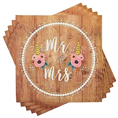 r und Mrs Hochzeitservietten mit Rustikalem Holzwand-Print und Rosa Blümchen, 150 Stück Einwegservietten, 2-lagig, 16,5 x 16,5 cm