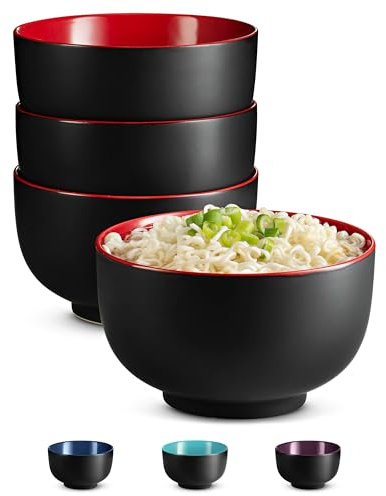 KooK Ramen Schüssel, japanische Schalen, Nudelschalen, große Suppenschüssel, Keramik, großes Fassungsvermögen, für Ramen, Pho, Udon, Soba, mikrowellen- und spülmaschinenfest, 963.9 g, 4er-Set (Schwarz