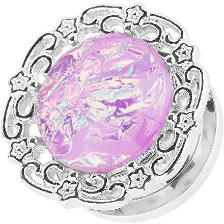 Piercingfaktor Flesh Tunnel Ohr Plug Piercing Ohrpiercing Vintage Tribal Ethno Boho Edelstahl Blume mit Opal Perle Stein Silber Lila 12mm