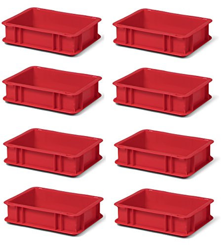 8 Stk. Transport-Stapelkasten TK375-0, rot, 300x200x75 mm (LxBxH), aus PP, Volumen: 3 Liter, Traglast: 25 kg, lebensmittelecht, made in Germany, Industriequalität