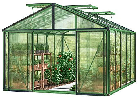 GFP Gewächshaus Asteria 23 Premium 311x385 cm mit integriertem Fundament 16 mm Doppelstegplatten, Farbe Moosgrün
