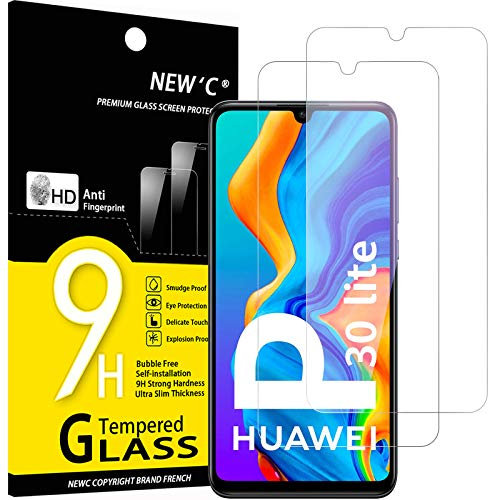NEW'C 2 Piezas, Protector Pantalla para Huawei P30 Lite, Nova 4e, Cristal templado Antiarañazos, Antihuellas, Sin Burbujas, Dureza 9H, 0.33 mm Ultra Transparente, Ultra Resistente