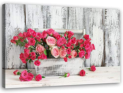 Feeby Bilder Rote Rosen Blumenstrauß XXL 120x80 cm 1Teilig Wohnzimmer Schlafzimmer Bilder Leinwandbilder Bild auf Leinwand Wanddekoration Modern Kunstdruck Design Vintage Rustikal Holz Abstrakt Grau
