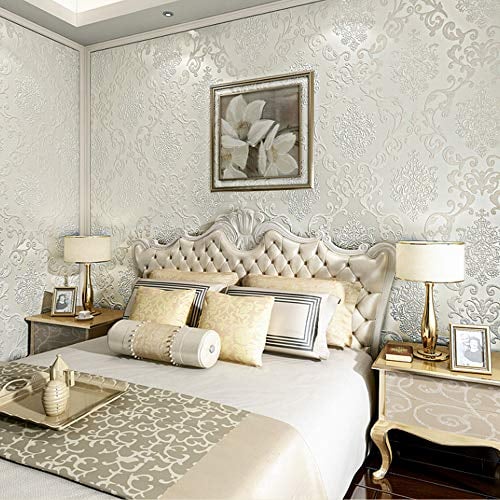 YangYun Home Decoration European 3D Damask Pearl Powder Non-Woven for Living Room Bedroom Hotel Non-Pasted Wallpaper Cream Color 0.53m (1.73' W) x 10m(32.8'L)=5.3m2 (57 sq.ft)