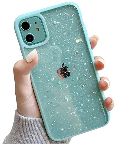Ownest Compatible with iPhone 12 Case iPhone 12 Pro Case Glitter Clear Sparkly Bling Star for Woman Girls Soft TPU Shockproof Protective Phone Cases for iPhone 12/12 Pro -Mint Green