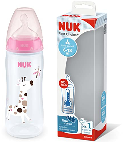 NUK biberon First Choice+ Flow Control | 6-18 mois | Contrôle de température | Tétine en silicone | Valve anti-coliques | Sans BPA | 360 ml | Rose | 1 unité
