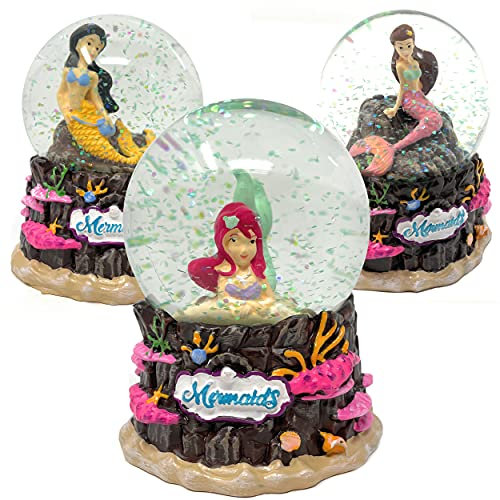 Schneekugel Meerjungfrau mit Glitzer - Hochwertige Schüttelkugel aus Glas | Dekofigur Wassernixe in 3 Varianten [Eine via zufällige Auswahl] | Deko Wasserfrau Kugel Höhe 9 cm [1 Stück]