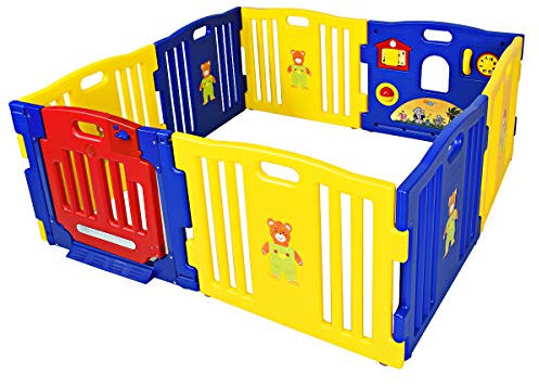 COSTWAY 8 Paneele Laufgitter, Baby Laufstall mit Tür und Spielzeugboard, Absperrgitter mit Sicherheitsschloss, Krabbelgitter Spielzaun für Baby und Kleinkinder