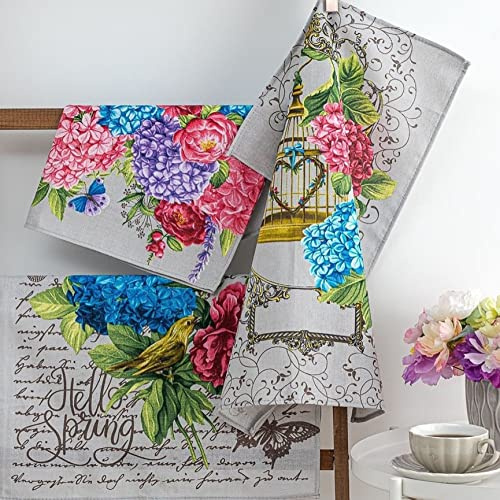 Set of 3 70 x 45 cm Linen Look Tea Towels Lavender Hydrangea Flower Design (Hydrangea)