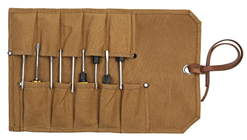 Xingte Heavy Duty Waxed Canvas Tool Roll Bag, Multi-function Tool Bag with 10 Staggered Pockets, Khaki