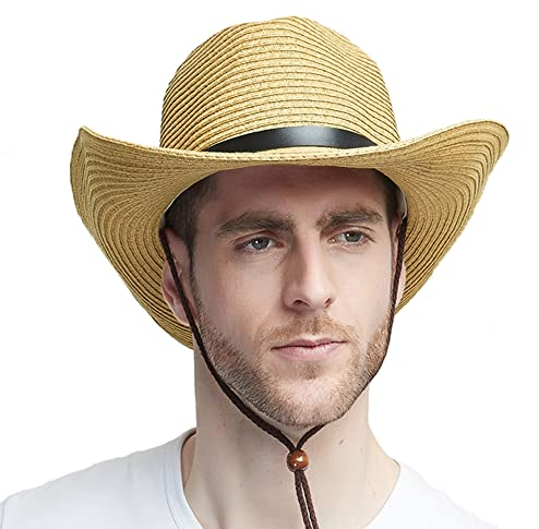 IBLUELOVER Men Straw Sun Hat Wide Brim Panama Hat Western Cowboy Hat Vintage Jazz Cap Floppy Trilby Hat UV Protection Beach Cap with Adjustable Leather Band and Chin Strap Beige