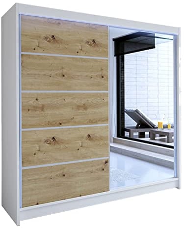Schwebetürenschrank Talin III Aluminiumgleitschienen Schiebetürenschrank mit Kleiderstange Einlegeboden Kleiderschrank Schlafzimmer Diele & Flur (Weiß / Artisan + Spiegel, mit RGB LED Beleuchtung)