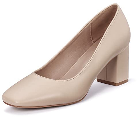 GENSHUO Zapatos de tacón bajo Grueso para Mujer con Puntera Cuadrada, Tacones sin Cordones, Puntera Cerrada, Oficina, Trabajo, Iglesia, Boda, Zapatos de Vestir, Beige Mate, 40.5 EU