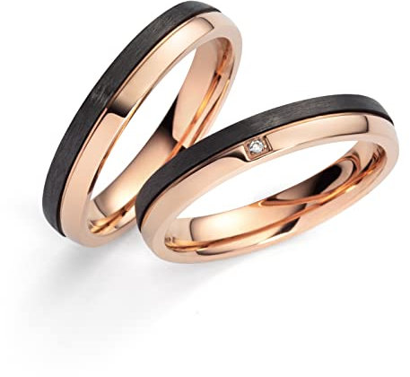 Paar Ringe für Sie und Ihn Trauringe, Titan Carbonringe mit Zirkonia, Partnerringe, Eheringe, Hochzeitsring mit Etui | 9100
