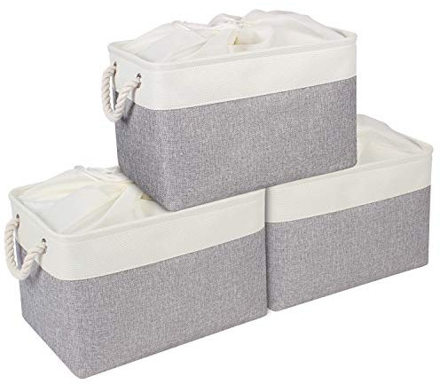 Univivi Storage Baskets for Shelves, 3 Pack Large Storage Baskets with Drawstring Cover, Fabric Storage Boxes whit Rope Handles, Grey Storage Basket Home Organizer for Toys, Clothes, Office Products