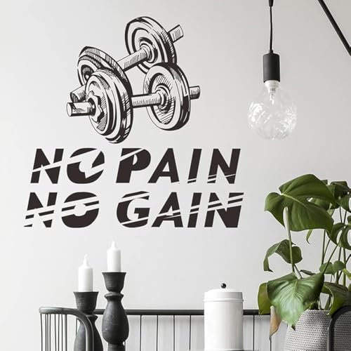 No Pain No Gain Wandtattoo Schwarze Hantel Zitate und Sprüche Wandaufkleber Kunstdekor für Fitnessstudio Wohnzimmer