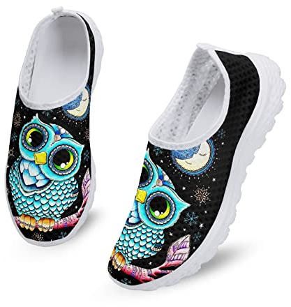 Kuiaobaty Damen Sneakers Komfort Sport Laufschuhe Atmungsaktiv Mesh Walking Sneakers Casual Loafer Sommer Clogs, Neuheit Eule, 38 EU