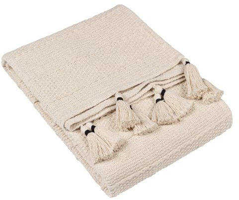 Furn. Yard Caliche Woven Tasselled Throw – Textured Cotton Linear Weave (Natural – 130x180cm)