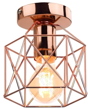 iDEGU Deckenleuchte Retro Industrial Lampe im Geometrie Design Sechseck-Käfig Vintage 15CM Lampenschirm aus Metall Pendelleuchte Deckenlampe für Flur Schlafzimmer Küche (Käfig B, Roségold)