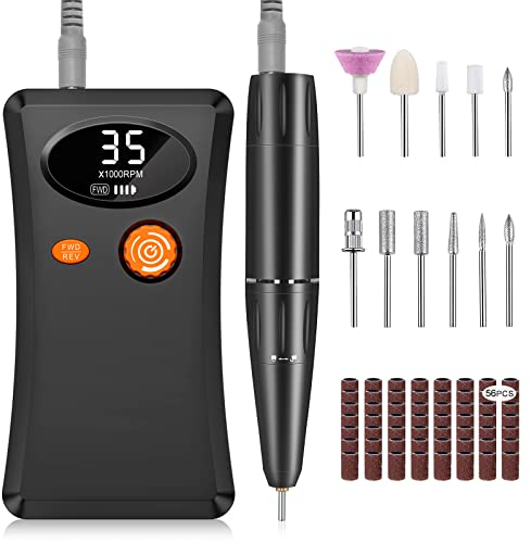 Urbuti Torno para Uñas Profesional, 35000 RPM Portátil Recargable lima de Uñas Eléctrica con 11 Puntas y Display LCD, Velocidad Ajustable, Sets de Manicura y Pedicura para Salón y Hogar (Negro)