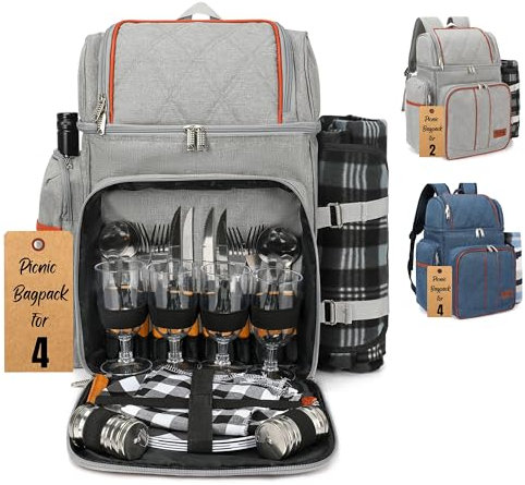 Rnoony Picknickrucksack für Camping, Picknickkorb für 4 mit isolierter Kühltasche und Flaschentasche, Picknicktasche mit leichter Decke und Besteckset für Familie, Paare und Wandern