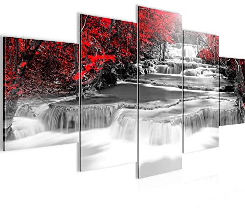 Runa Art Bild Wohnzimmer Wasserfall 5 Teilig Natur Schwarz Rot Wandbilder auf Vlies Leinwand 043653a