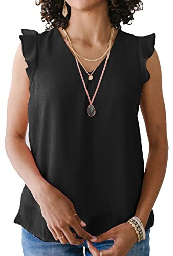 Famulily Womens Ruffle Sleeve Casual Loose Fit Basic Shirts Chiffon Tank Tops Black XXL