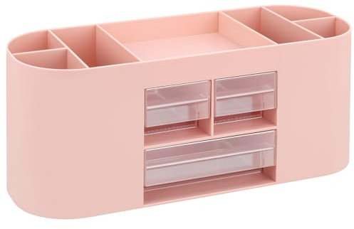 Uquelic Desk Organiser with 7 Compartments and 3 Drawer Pen Holder - Desk Tidy Stationery Organizer for Table - Multi-functional Desk Tidy and Makeup Brushes Holder - Pink