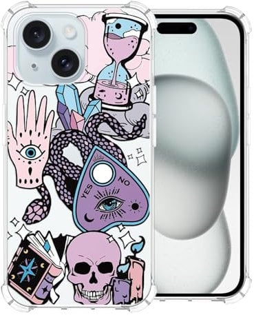 CAROKI Clear Case for iPhone 15, Anti-Yellowing with Purple Skull Pattern, Shockproof Soft Silicon Cover Case