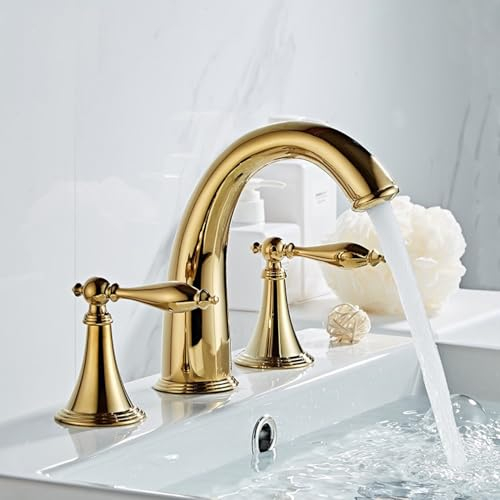 ZYCDP Waschbeckenarmatur Zweigriff Drei-Loch Bad Armaturen Waschbecken Messing Waschtischarmatur Warmes und Kaltes Wasser,Gold