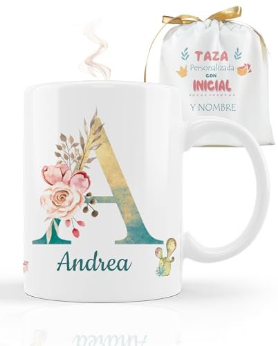 Taza personalizada con inicial (A-Z) y nombre de cerámica 325 ml para té, café, leche, apta para microondas y lavavajillas, original taza para regalar (A)
