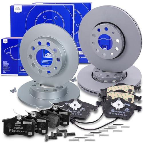 ATE Bremsenset inkl. Bremsscheiben vorne Ø 288 mm belüftet + hinten Ø 245 mm voll und Bremsbeläge vorne + hinten und Verschleißkontakt Kompatibel mit AUDI A4 B6, SEAT EXEO (3R2), EXEO ST (3R5)