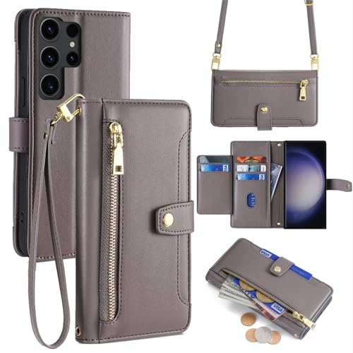 Handykette kompatibel mit Samsung Galaxy S23 Ultra | Leder Handyhülle mit Kartenfächern | Handyhülle zum Umhängen | Grau