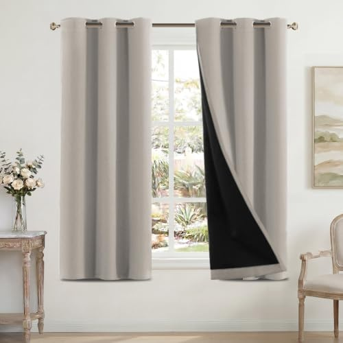 H.Versailtex 100% Blackout Curtains for Bedroom with Black Liner Eyelet Curtains for Living Room Full Room Darkening Thermal Insulated Window Drapes, 2 Panels, 46 x 54 Inch, Natural Sand
