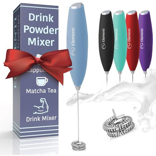 Elementi Milk Frother Handheld - Powerful Mini Coffee Frother Whisk - Hand Held Coffee Whisk Electric & Frappe Maker - Drink Mixer, Stirrer & Electric Milk Foamer (Double Whisk, Pastel Blue)