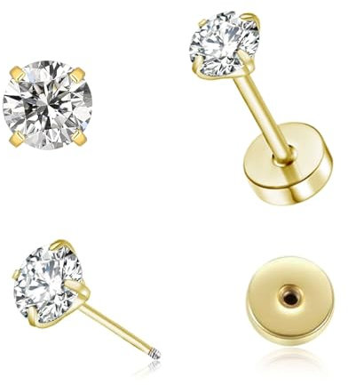 2mm Tiny CZ Flat Screw Back Stud Earrings for Unisex, Gold Screw on Flat Back Earrings, Helix Flatback Piercing Jewelry Gifts for Women Girls (Gold, 2mm)